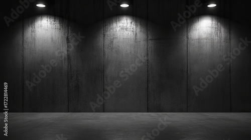 Dramatic dark gray concrete wall illuminated by spotlights creates a modern industrial backdrop for edgy designs and impactful presentations