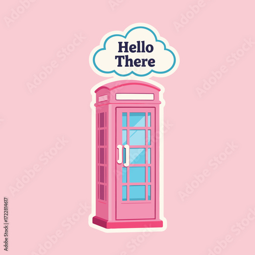"Hello There" pink telephone booth sticker with a cloud speech bubble, a fun retro illustration for communication and travel themes.