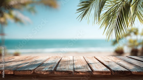 Tranquil Beach Scene with Wooden Table and Tropical Palm Leaves