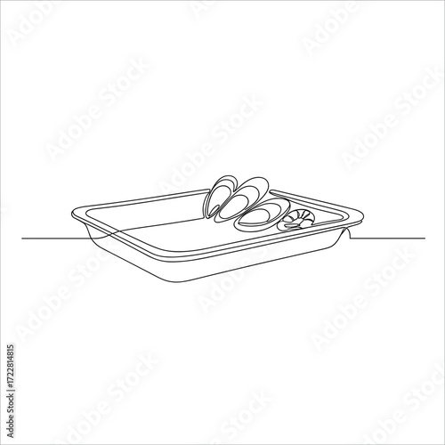 Mussels and shrimp in tray in minimalist line art on white background
