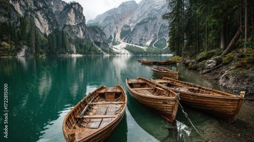 Serene Lake with Wooden Boats Amidst Majestic Mountain Landscape