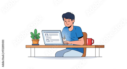 Man working on laptop, showcasing modern workspace elements and digital connectivity depicting modern lifestyle with home office setup at desk