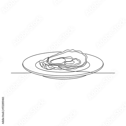 Oyster on plate in minimalist line art on white background