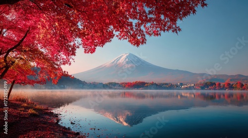 Majestic Mount Fuji Surrounded by Vibrant Autumn Foliage and Lake