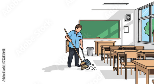 Illustration depicting a school janitor cleaning a classroom environment, utilizing a broom and dustpan to sweep up scattered debris from the floor,