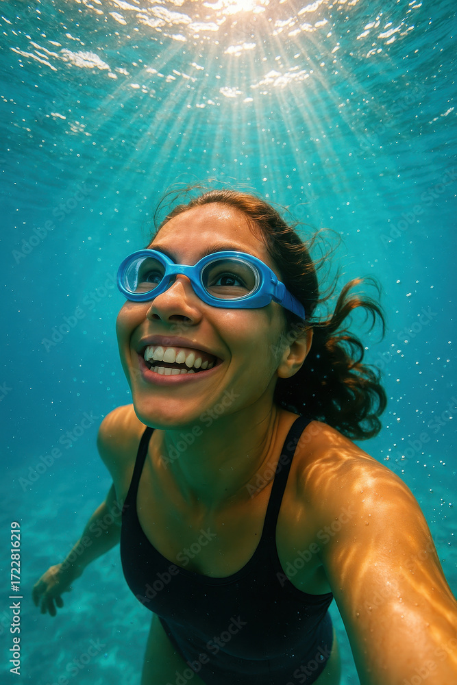 Naklejka premium Underwater Bliss: A vibrant woman, captured mid-swim beneath the radiant sunlight, embodies a feeling of tranquility. Showcasing the perfect underwater moment with her goggles.