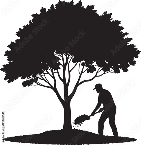 Gardener Fertilizing Tree Seedlings Silhouette Farmer Gardener Add Fertilizer