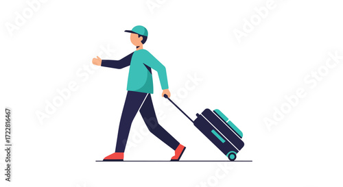 Stylized traveler with luggage, flat vector illustration showcases modern travel depiction with a youthful spirit and vacation adventures