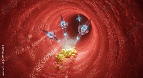 Artificial nanobots repairing a damaged blood vessel from inside the artery with glowing cellular structures and advanced futuristic technology, medical science innovation, biotech development