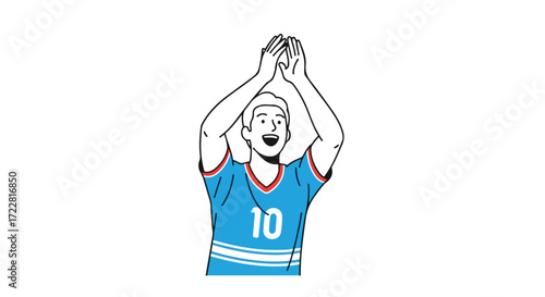 Illustrative depiction of a jubilant sports enthusiast, celebrating with outstretched arms and applause, against a clean white backdrop