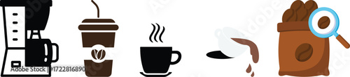 Coffee cup icon set. Cups of coffee tea collection. Hot drink icon. Disposable cup. Cup coffe with steam. Flat style. Vector Illustration. national coffee day.Coffee bean set.Coffee machine icon.Drink