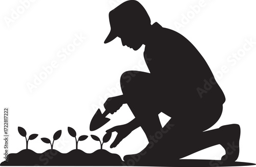 Gardening Silhouette, Man Planting Plants With Shovel on Transparent Backdrop