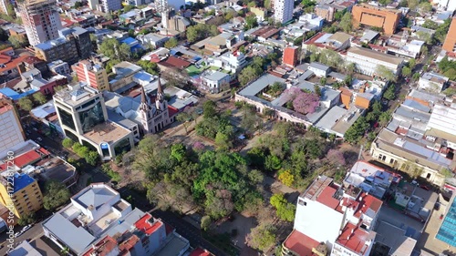 Aerial view of Plaza 9 de Julio in downtown Posadas, Misiones, Argentina.