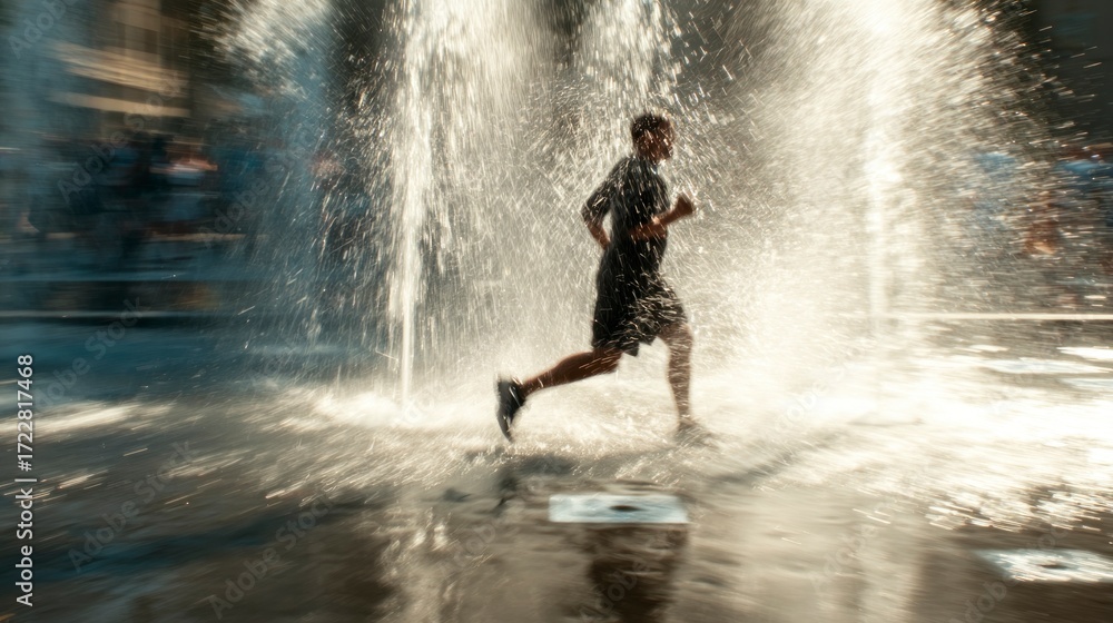 Obraz premium Man running through urban fountain