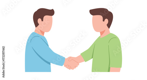 Two faceless figures reaching out, hands clasped in a gesture of agreement, unity, or collaboration, symbolizing teamwork and connection