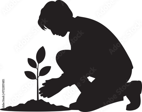Planting Silhouette. Person Cultivating Seedling, Gardening on Isolated Backdrop