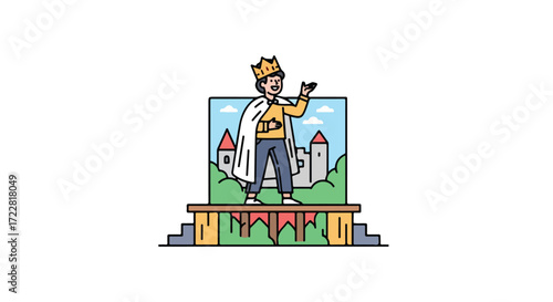 A jovial monarch with golden crown standing on a decorated stage amidst castle scenery, embodying regal authority and theatrical presentation