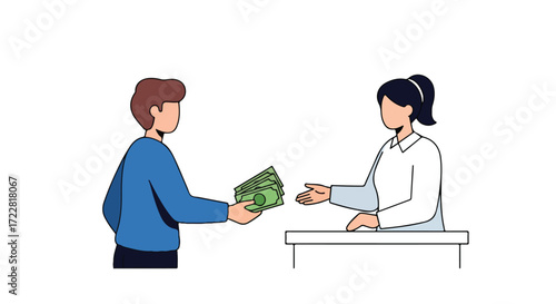 Illustrative depiction of a financial exchange between a man handing over cash to a woman across a desk
