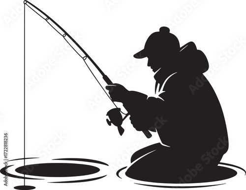 Ice Fishing Silhouette With Fishing Rod In Winter Landscape Vector
