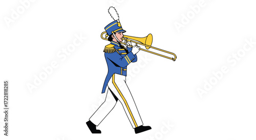 Musical precision: Trombone player in ornate uniform marches with instrument during performance