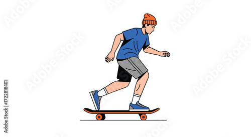 Skateboarding illustration of a young man enjoying a casual ride with energy and style represented in a clean digital artwork