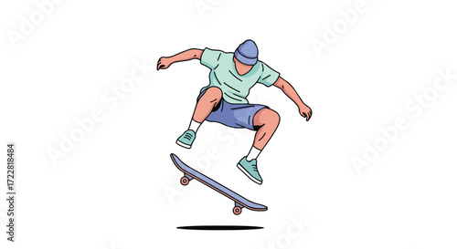 Illustrative skateboarder mid-air performing a trick, demonstrating youth, energy, and the dynamic of extreme sport, in a clean and modern design
