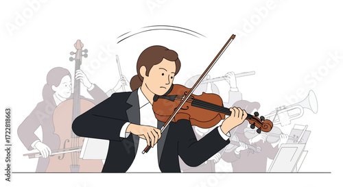 Animated Symphony: A Violinist Leads an Orchestra in Harmonious Performance, A Cartoon Interpretation of a Musical Ensemble Showcasing Elegance