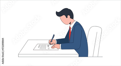 Businessman diligently working, signing documents at his desk with focused intention, ensuring legal compliance and operational efficiency in a