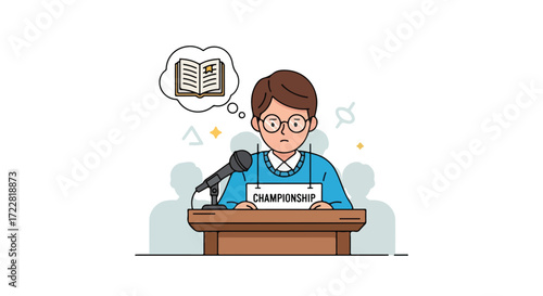 Illustration of a nervous contestant at a spelling bee championship with a podium and book thought bubble representation of academic competition
