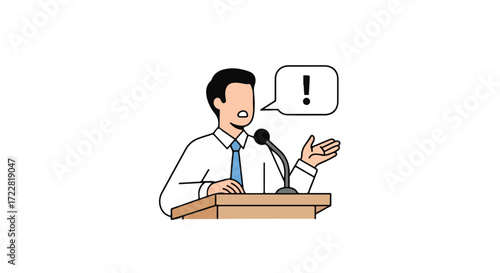 Passionate speaker addressing audience with conviction from podium illustration style vector design graphic representation