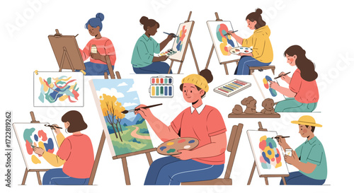 Diverse artists engaging in creative painting sessions, showcasing the joy and expression of artistic pursuits within a collaborative art studio