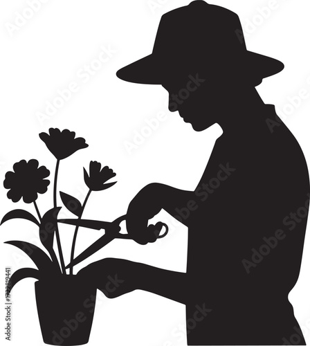 Gardener Silhouetted Pruning Flower Pot, Horticulture, Trimming Plant, Gardening Hobby Vector