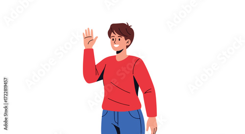 Friendly cartoon character waving hello, inviting interaction with cheerful gesture and welcoming disposition in simple illustration