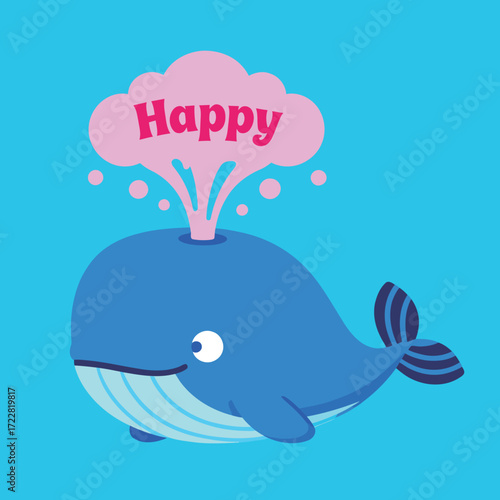 A charming cartoon whale sticker spouting a pink bubble with the word "Happy," symbolizing joy and positivity with its friendly expression, perfect for whimsical and uplifting designs.