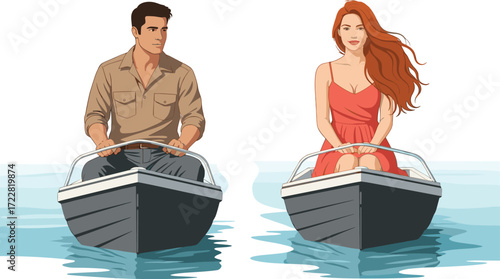 Cartoon Lifestyle Icons Featuring Man and Woman in Separate Boats, Calm Mood, Outdoor Theme, and Serene Water Scene