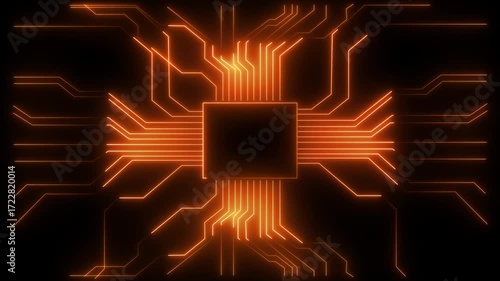 Orange Neon Circuit Board Lines on Black Background