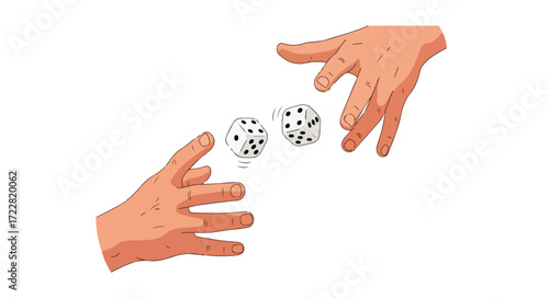 Cartoon illustration depicting hands in motion throwing two dice suggesting games of chance and recreational amusement