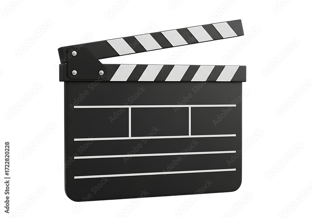Fototapeta premium Illustration of black movie clapperboard with white stripes isolated on transparent background on transparent background