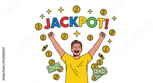 Elated man wins big jackpot with money and gold coins, celebrating the luck, wealth and financial freedom on isolated background