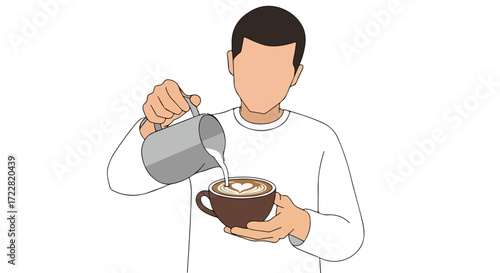 Barista crafting latte art pouring frothed milk into a cup creating a heart shape with coffee beverage preparation process isolated on white backdrop