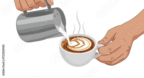 Captivating coffee creation: Mastering latte art with silky milk infusion for a delightful visual experience and a perfect brew for coffee lovers