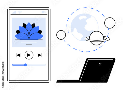 Smartphone music app interface featuring a lotus design, laptop, and planets, blending mindfulness and technology. Ideal for wellness, creativity, focus, digital tools, meditation remote work