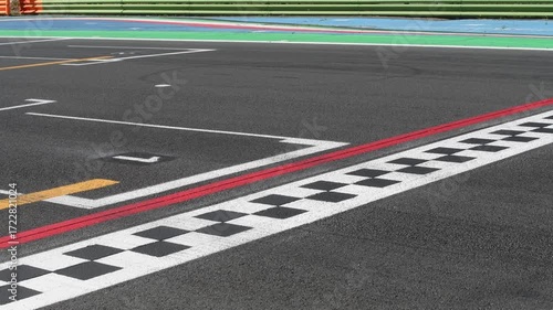 Racing car crossing finish checkered line on asphalt track, original sound engine