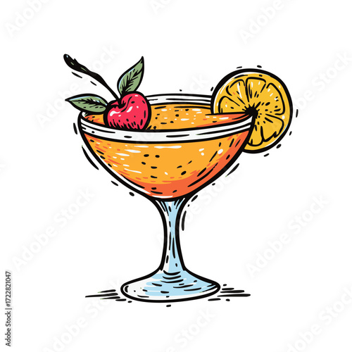 A Bright and Colorful Cocktail with a Cherry on top and a Lemon Slice adorning its rim