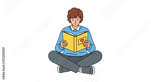 Illustration of a contemplative person engrossed in a heartfelt book seated in a cross-legged pose on white backdrop