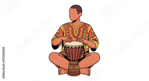 Illustration featuring a person seated cross-legged playing a djembe drum wearing patterned clothing performing music traditionally