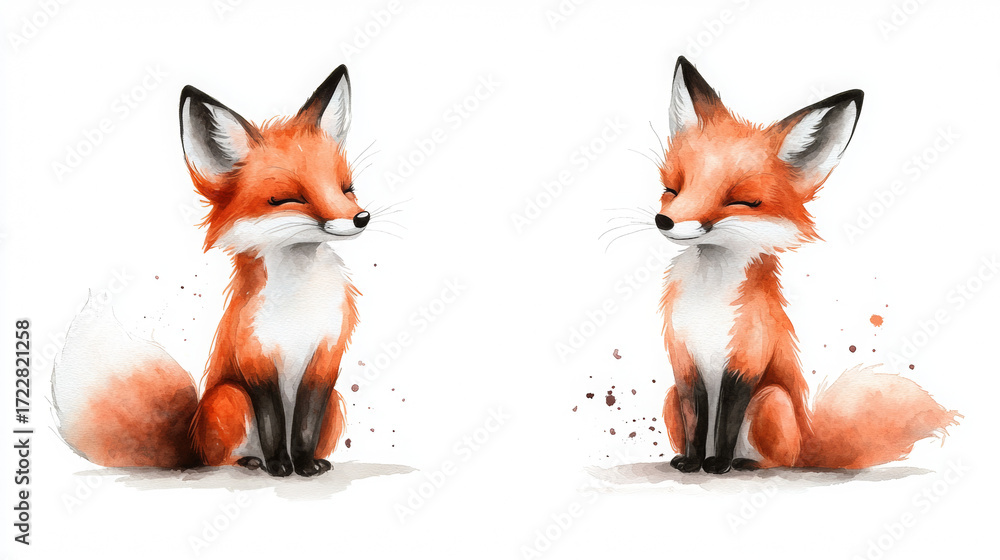 Fototapeta premium Hand-drawn watercolor fox clipart isolated on white background 