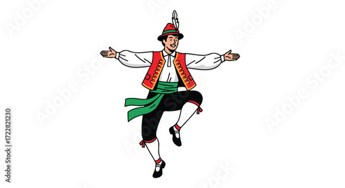 Lively folkloric dancer illustration, capturing cultural heritage with vibrant traditional attire and dynamic pose invoking tradition, celebration