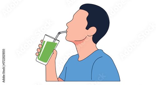 Illustration of a man drinking green smoothie using a straw promoting a healthy lifestyle and wellness through nutritious beverages for detoxification