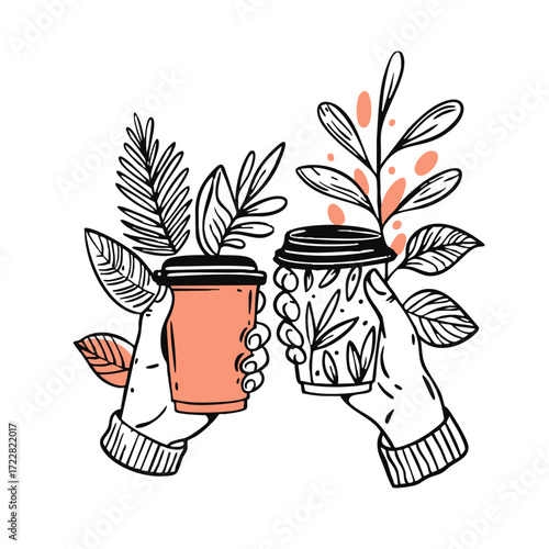 An Illustration of Hands Delicately Holding Coffee Cups Surrounded by Beautiful Leaves and Plants